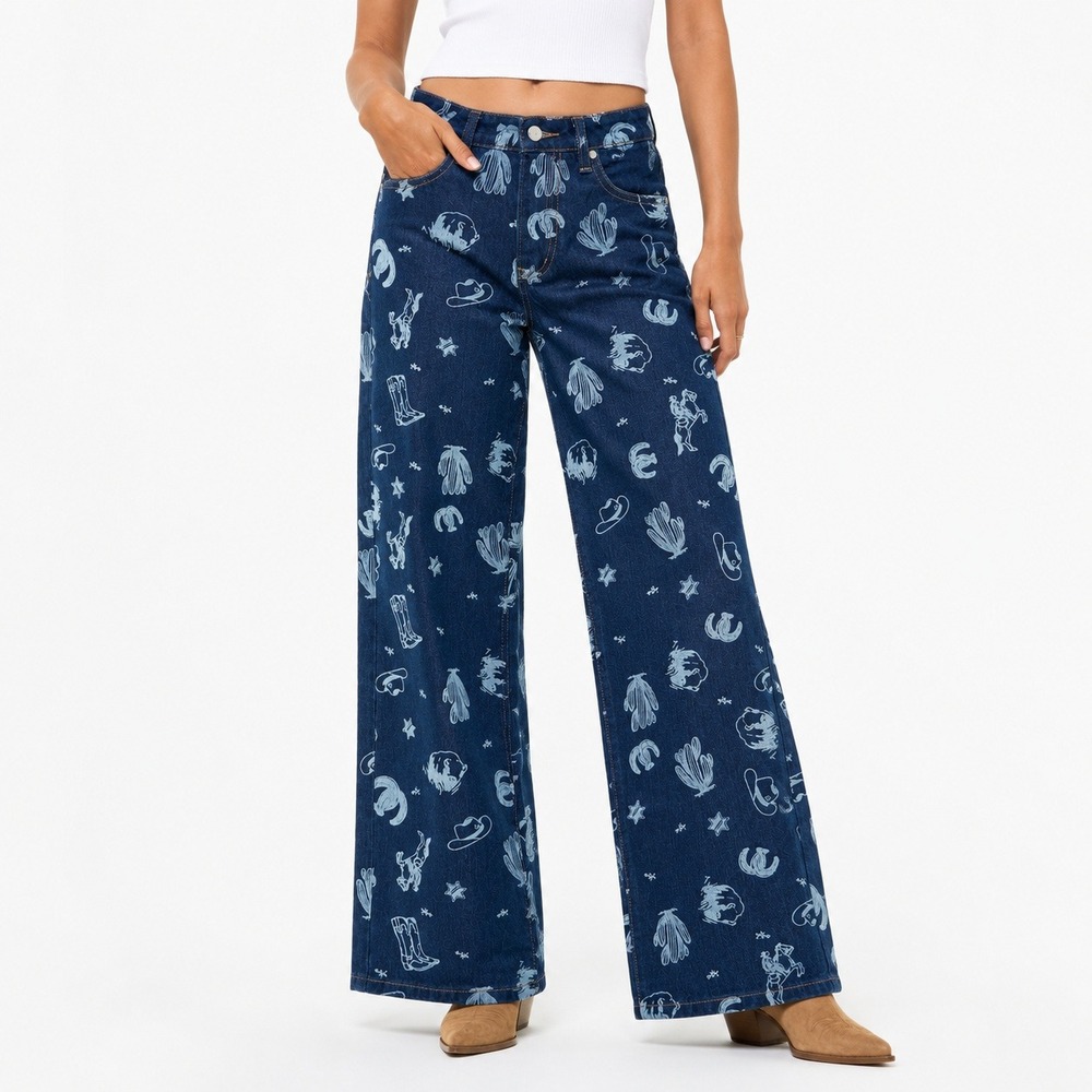 Cali 1850‎ Western Print Wide Leg Jeans 1/25 Cowgirl Cactus Rodeo Y2K